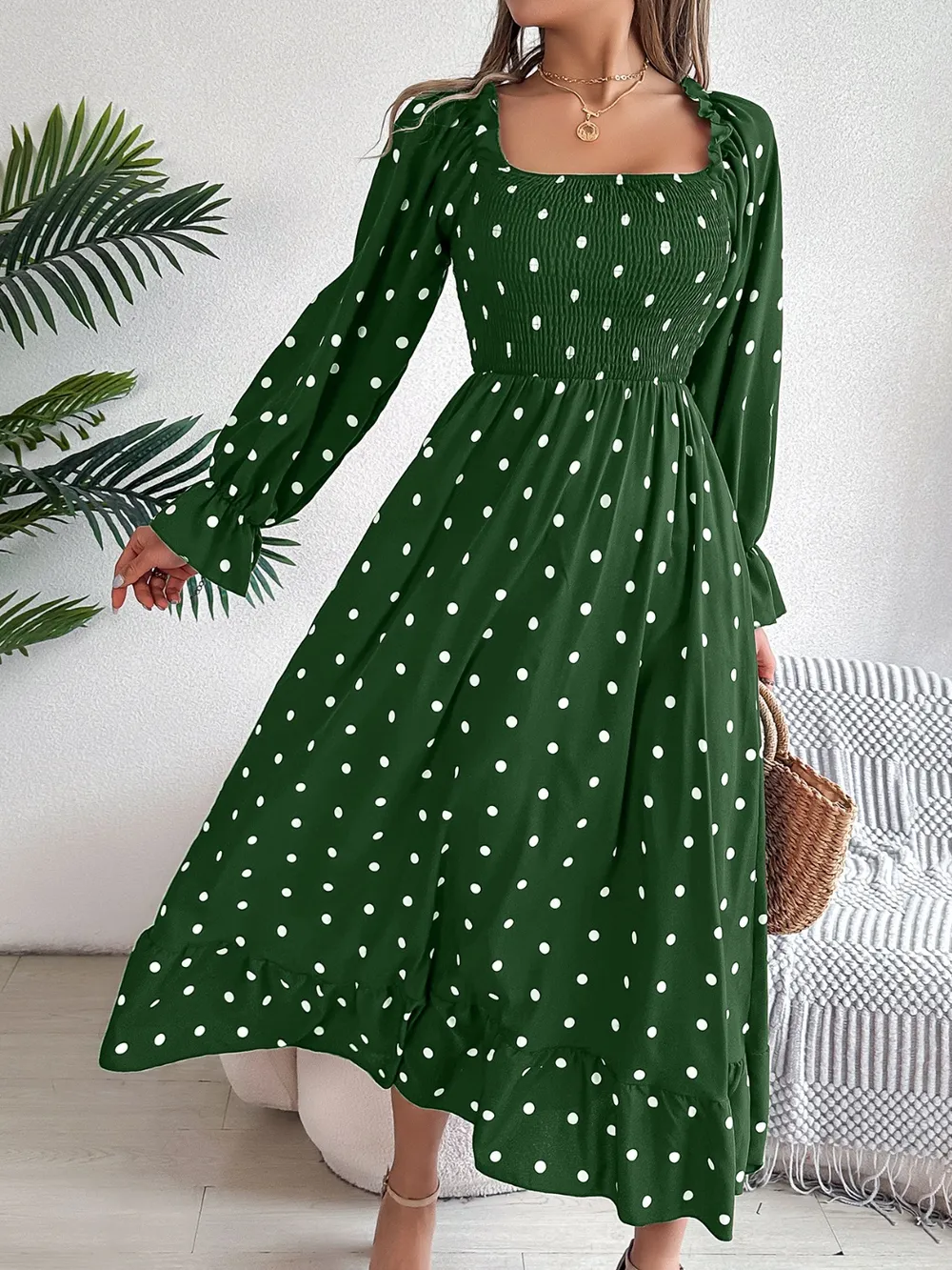 Polka Dot Flounce Sleeve Midi Dress, image 9
