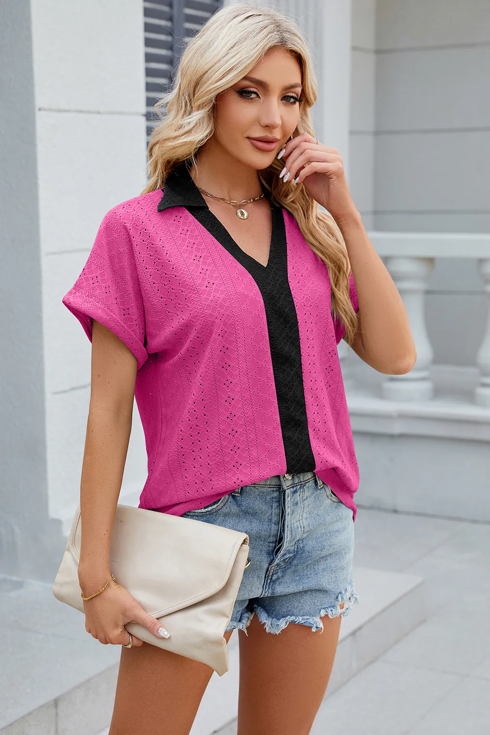 Eyelet Johnny Collar Short Sleeve T-Shirt, image 8