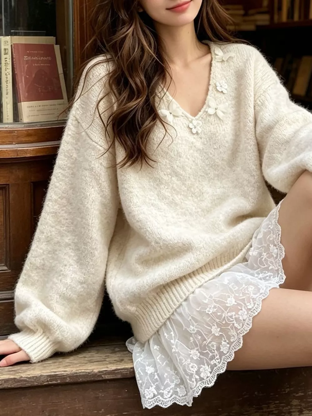 V-Neck Floral Applique Lace Hem Sweater, image 11