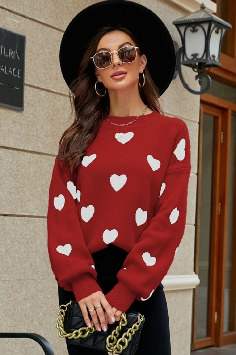 Heart Pattern Lantern Sleeve Round Neck Tunic Sweater, image 7