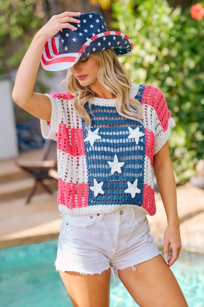 BiBi Crochet Star Patches 4th Of July Sweater Cover Up, image 6