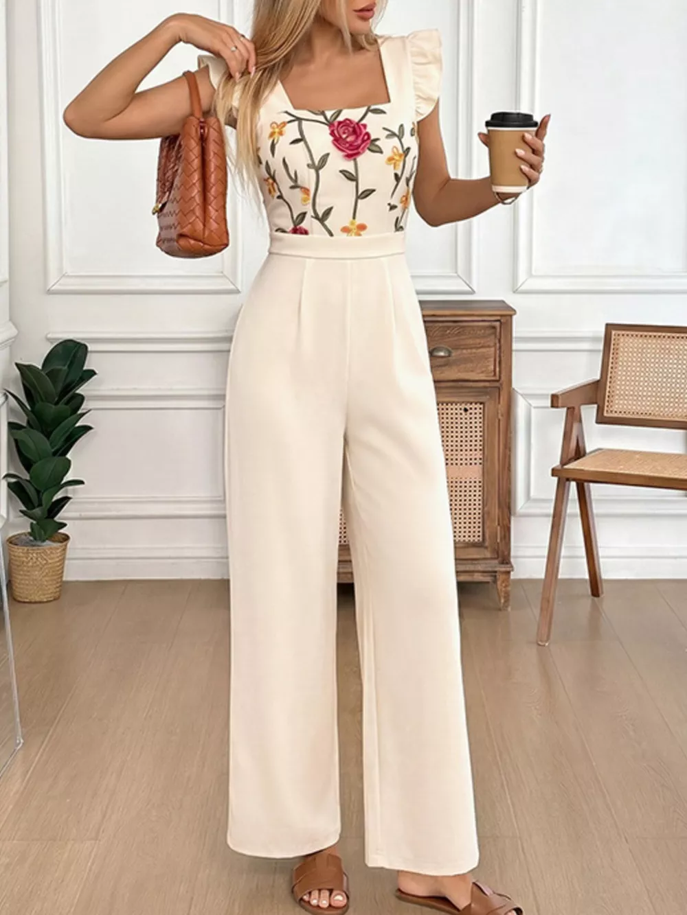 Floral Embroidered Ruffle Trim Jumpsuit, image 2