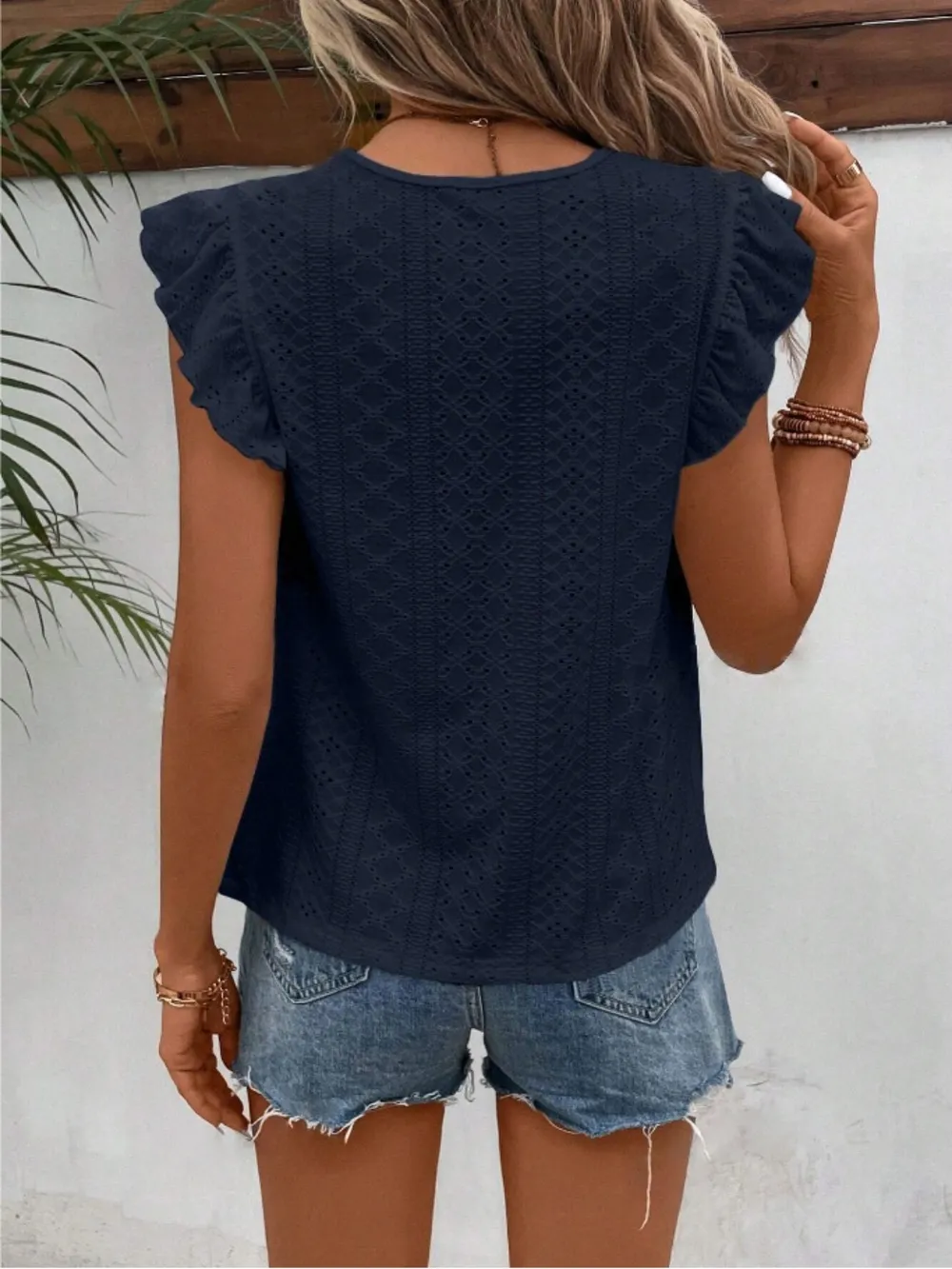 Eyelet Round Neck Cap Sleeve Top, image 11