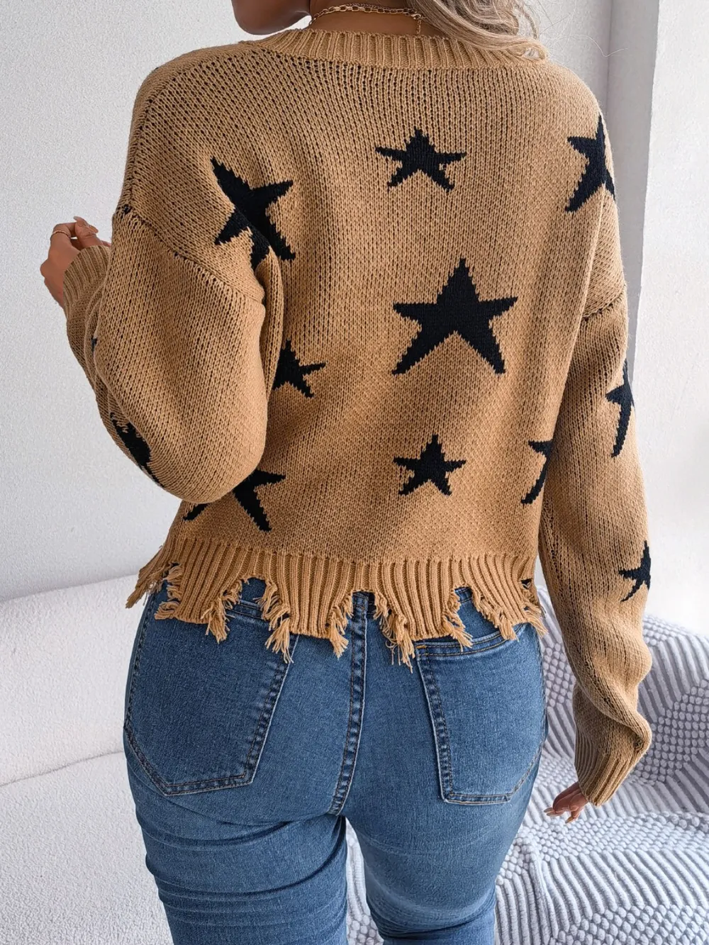 Star Pattern Distressed V-Neck Cropped Sweater, image 8