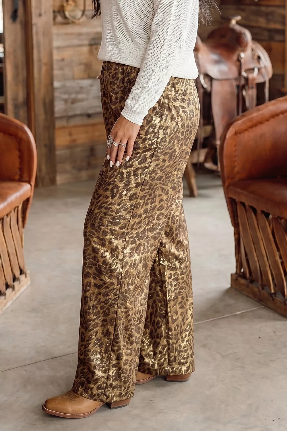 Multicolour Leopard Print Western Style Wide Leg Full Length Pants, image 4