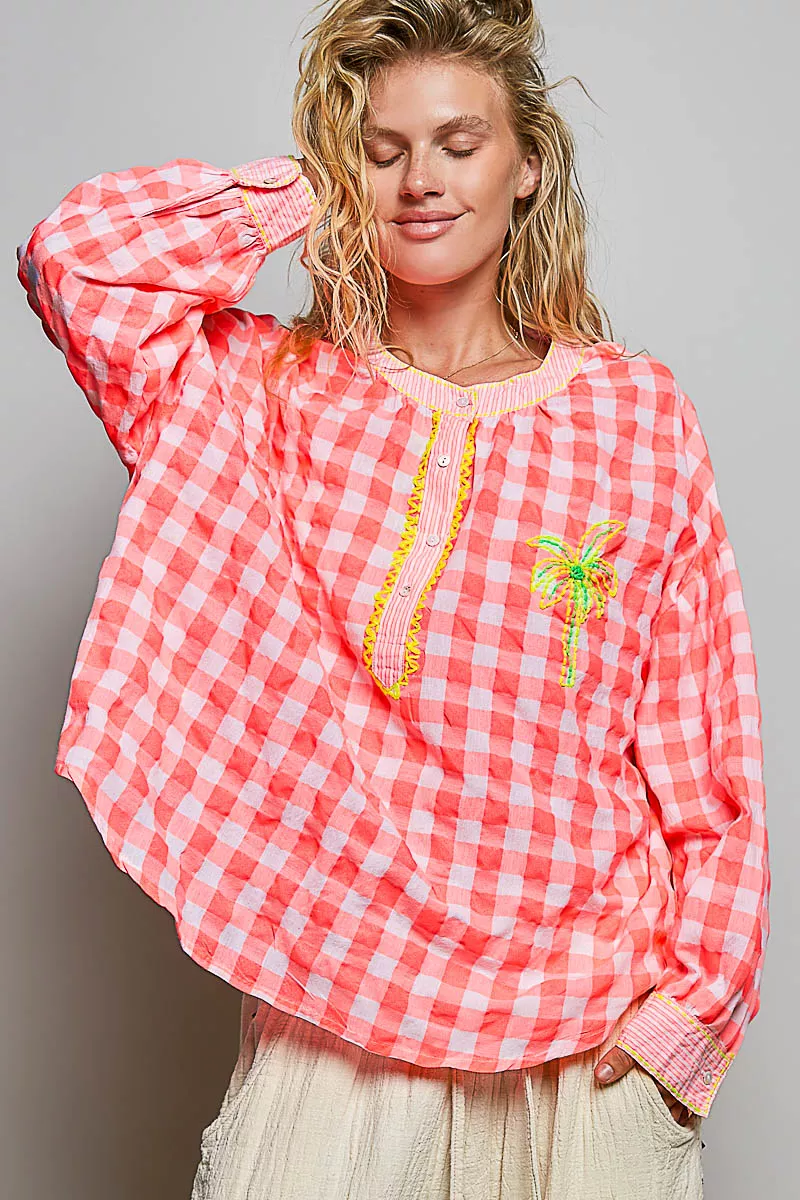 POL Gingham Embroidered Palm Tree Blouse, image 4