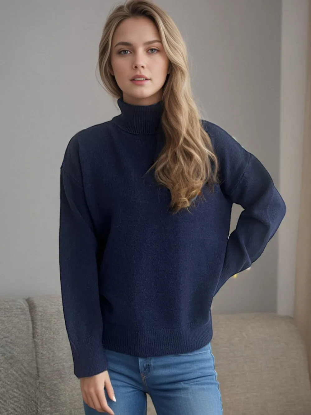 Turtleneck Dropped Shoulder Long Sleeve Sweater, image 3