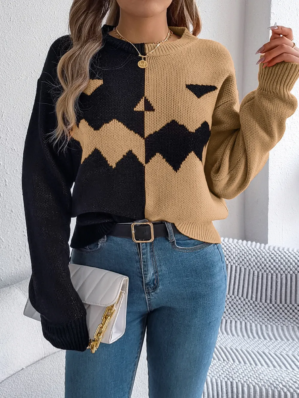 Contrast Round Neck Long Sleeve Sweater, image 10