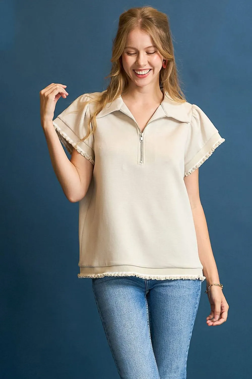 Frill Hem Half-Zip Collared Blouse