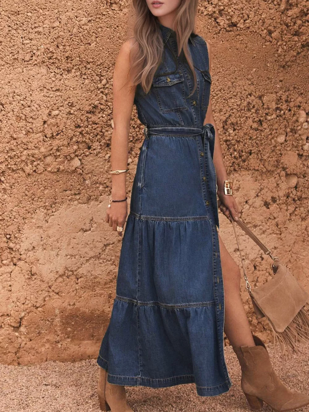 Button Front Sleeveless Denim Dress, image 2