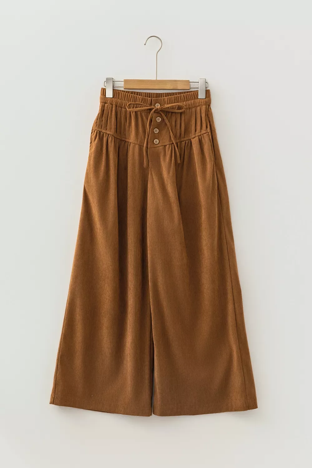 Elastic Waist Wooden Button Placket Ankle Length Wide Leg Pants, image 4