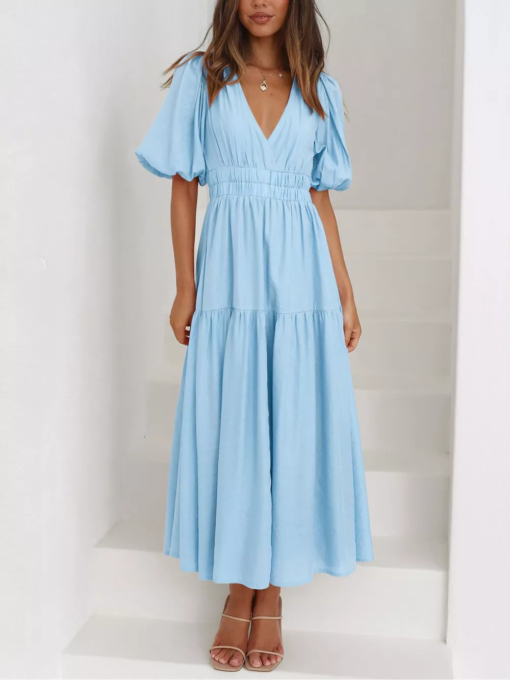 Elegant Puff Sleeve V-Neck Midi Dress, image 30