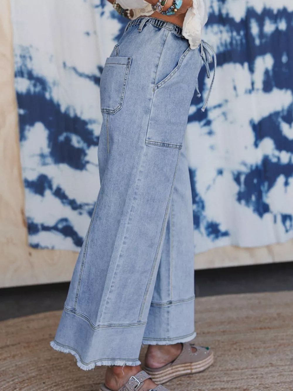 Wide Leg Drawstring Raw Hem Jeans, image 2