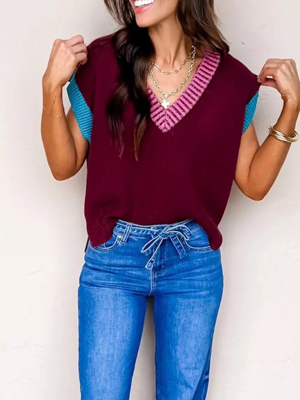Contrast Trim V-Neck Sweater Vest, image 3