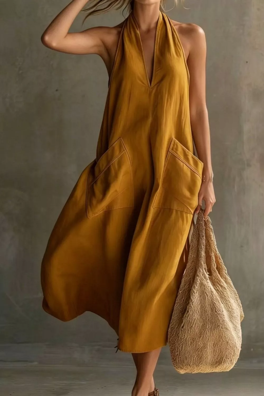 Casual Halter Neck Pocket Midi Dress, image 11