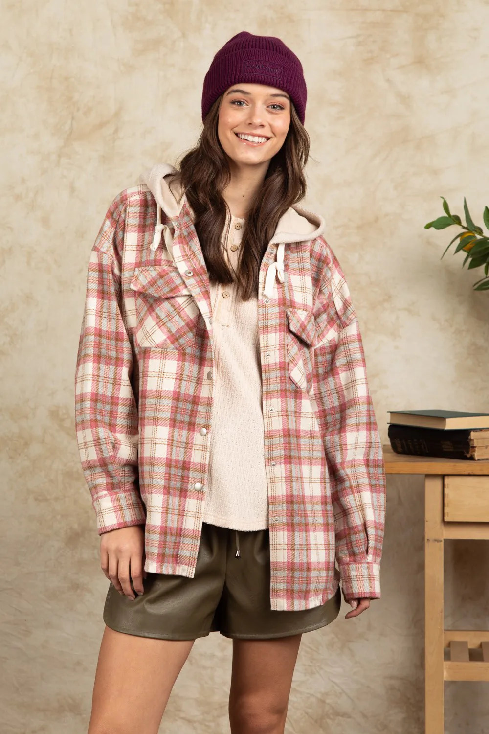 Drawstring Plaid Long Sleeve Hooded Jacket, image 2