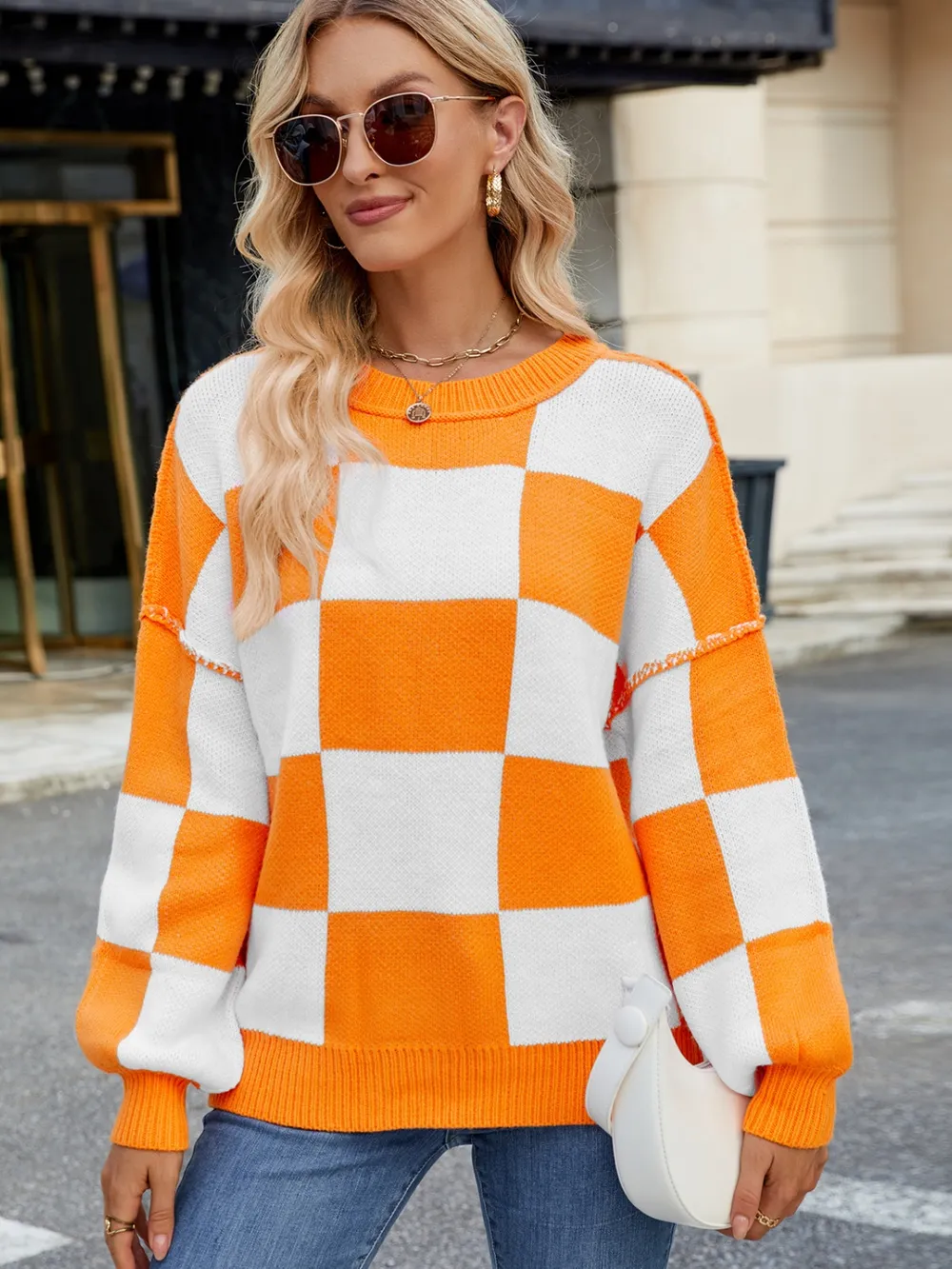 Checkered Round Neck Long Sleeve Sweater, image 3
