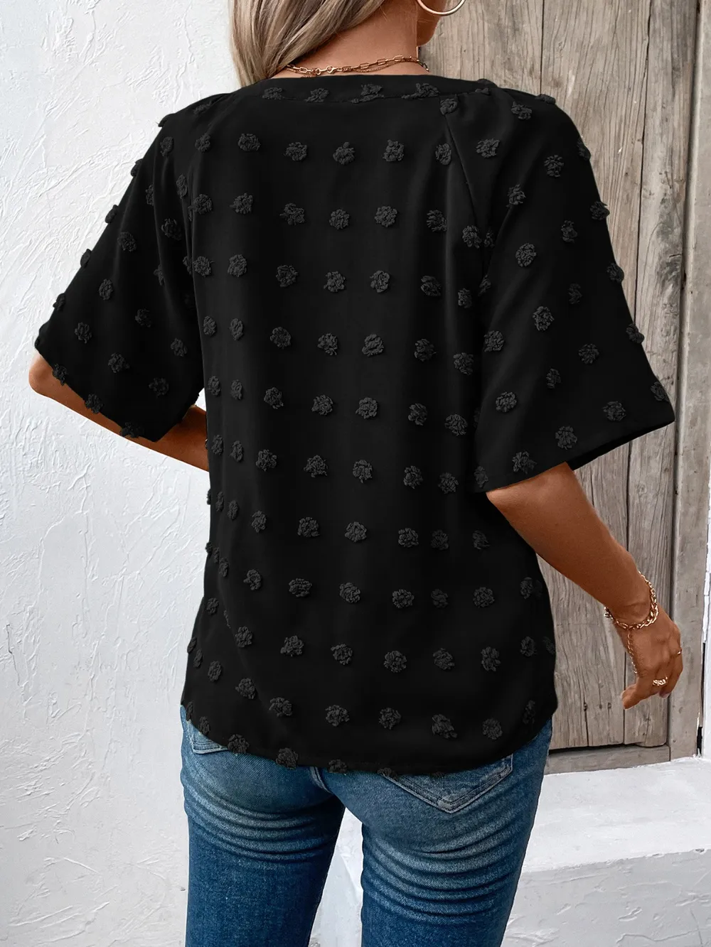 Swiss Dot Notched Half Sleeve Blouse, image 8