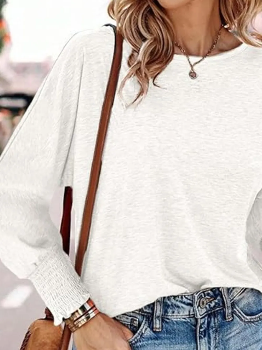 Round Neck Smocked Lantern Sleeve T-Shirt, image 9