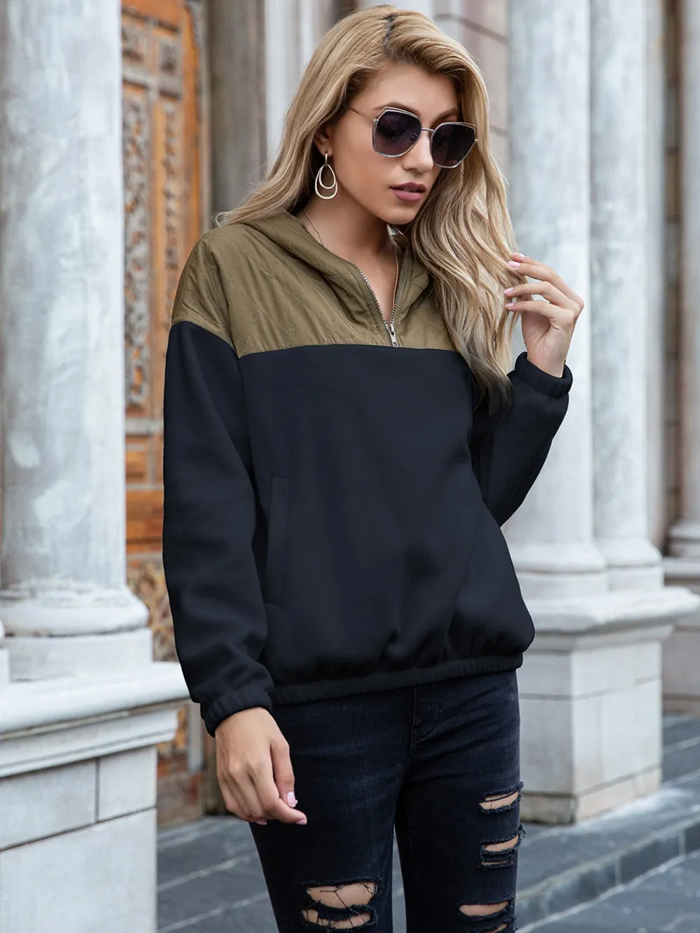 Pocketed Color Block Quarter Zip Hoodie, image 7