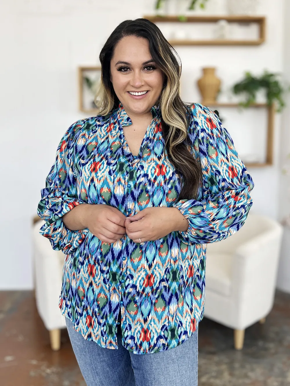 Full Size Printed Balloon Sleeve Blouse, image 11