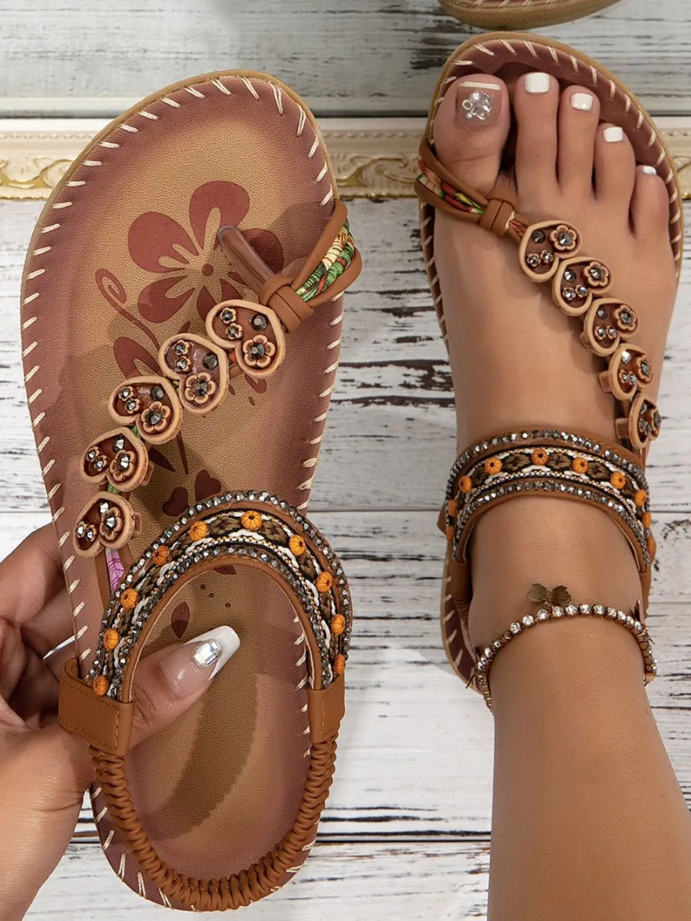 Toe Loop PU Leather Flats Sandals, image 2