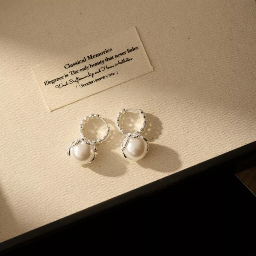 Pearl Hoop Earrings with Zircon Accents, image 4
