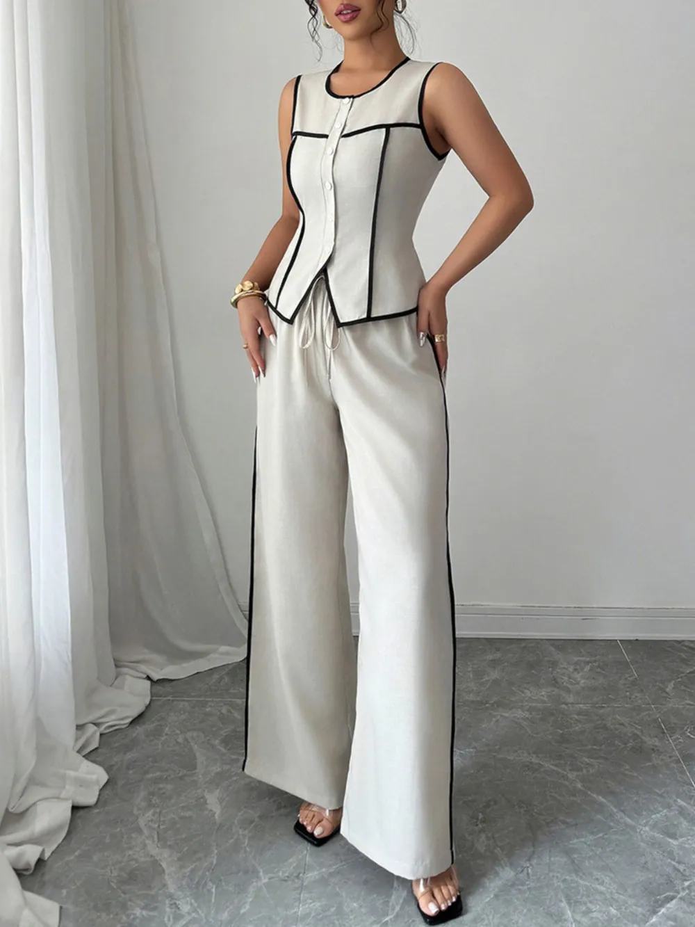 Contrast Piping Round Neck Top and Wide-Leg Pants Set, image 3