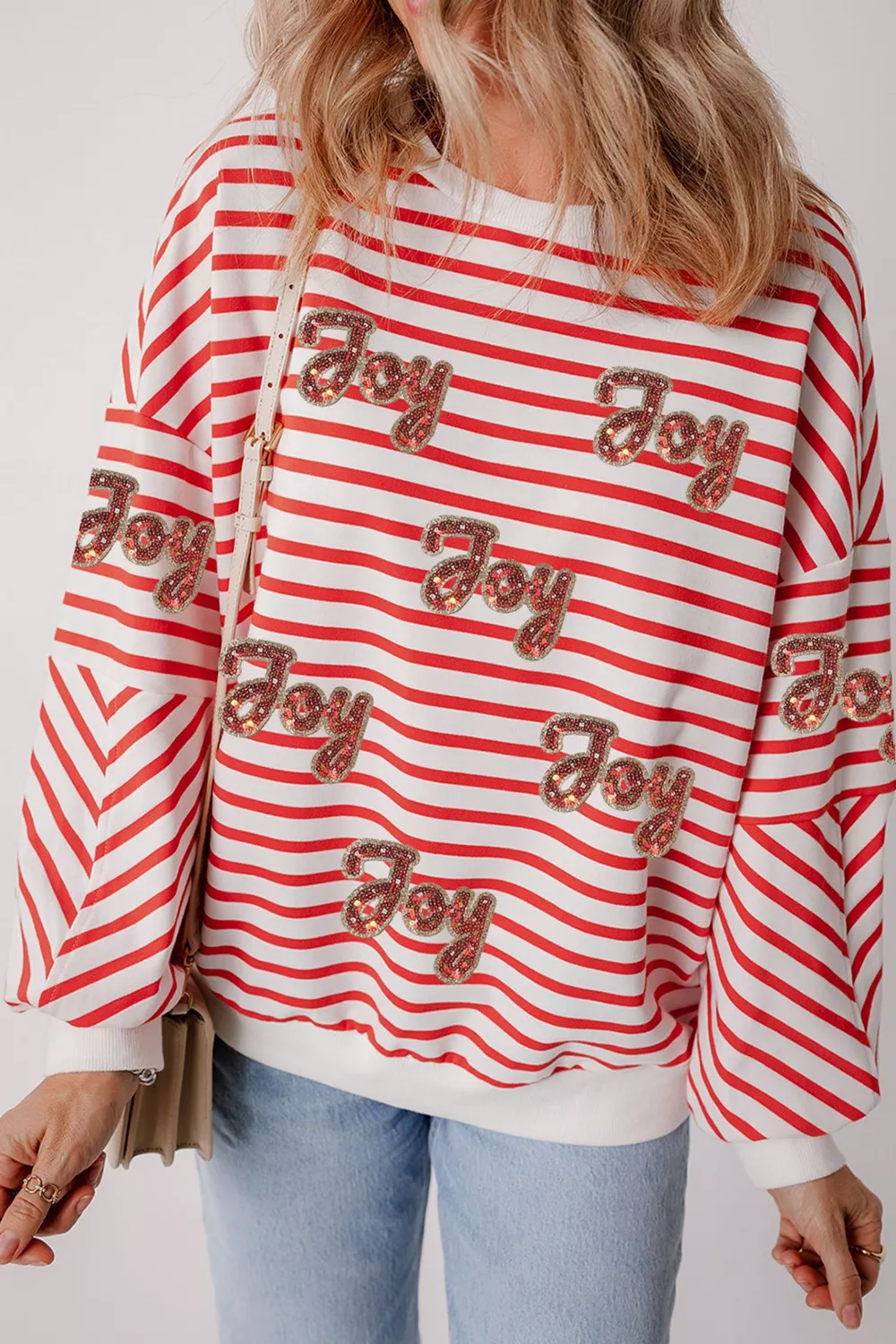 Stripe Sequined Joy Pattern Patchwork Sleeve Round Neck Sweatshirt, image 3