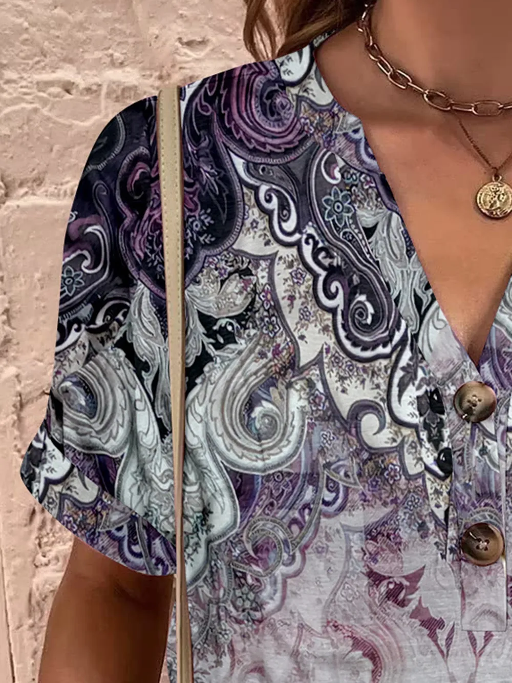 Full Size Printed Notched Short Sleeve Blouse, image 12