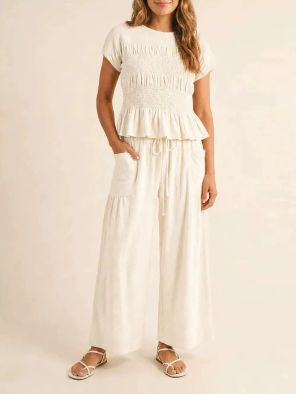 Smocked Peplum Top and Wide-Leg Pants Set, image 3
