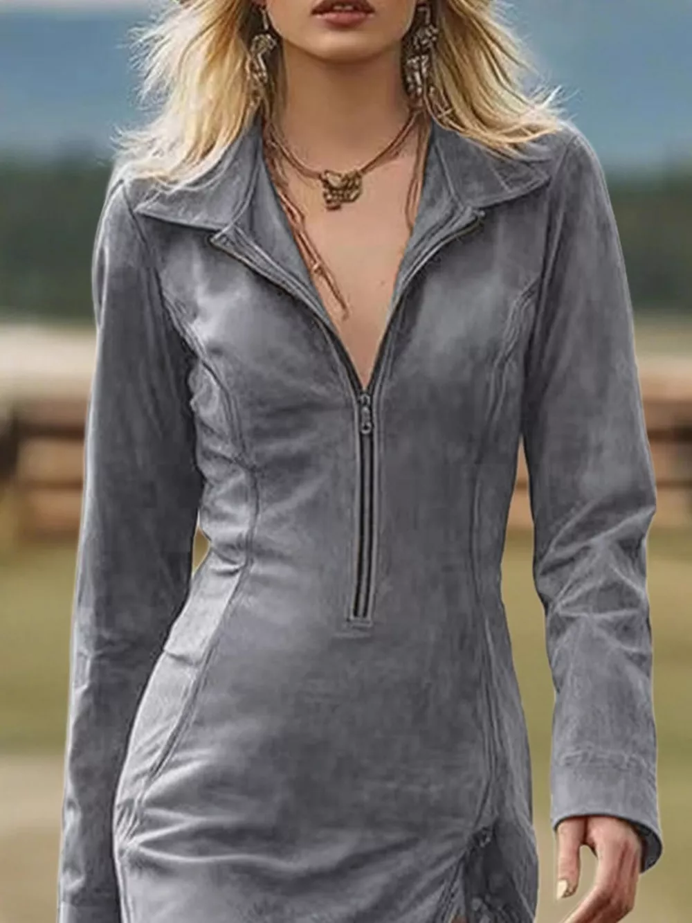 Full Size Fringe Hem Zip Front Bodycon Dress Plus Size, image 3