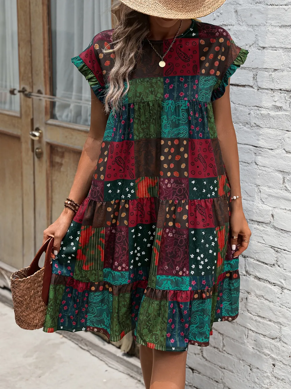 Color Block Print Short Sleeve Mini Dress, image 3