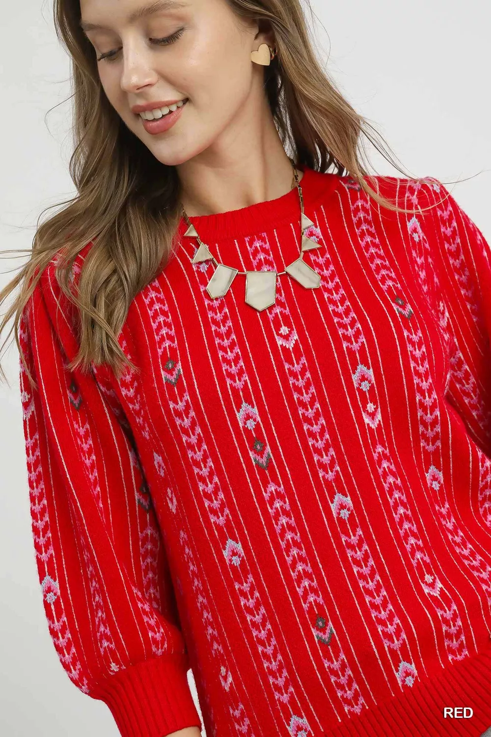 Jacquard Knit Puff Sleeve Sweater, image 2