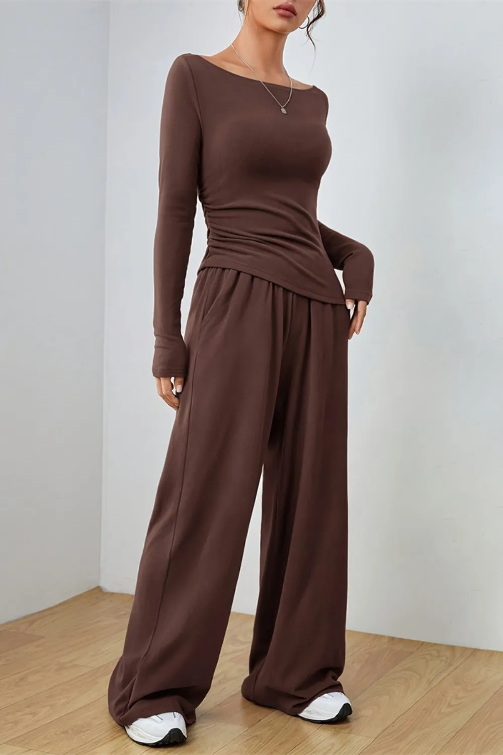 Boat Neck Long Sleeve Top and Pants Set, image 7