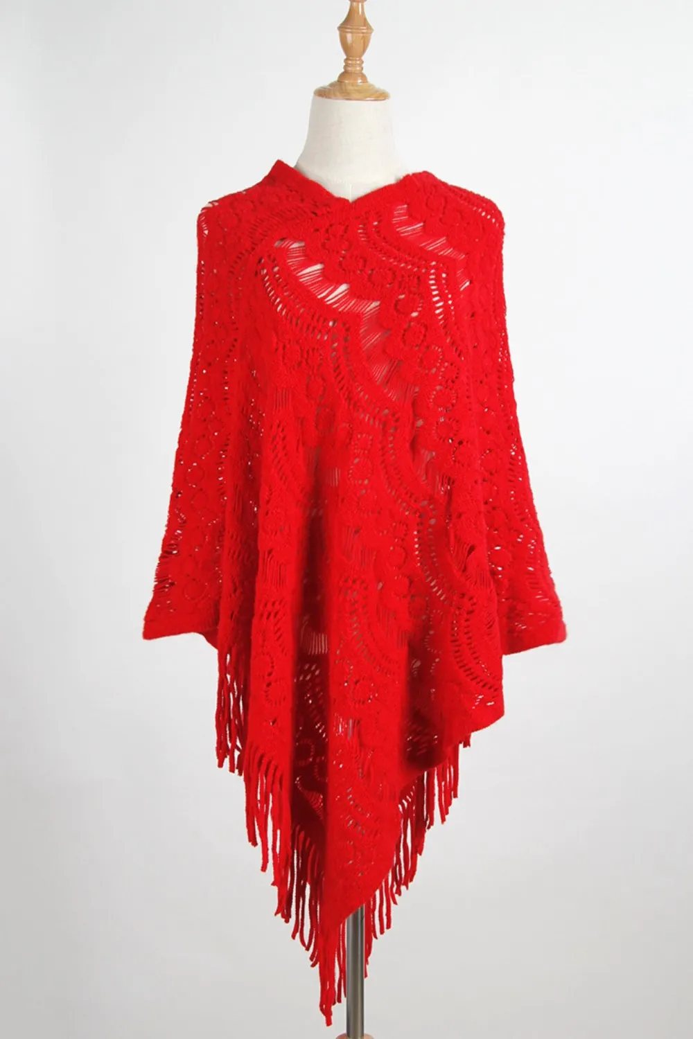 Fringe Openwork Surplice Cape Sleeve Poncho, image 8