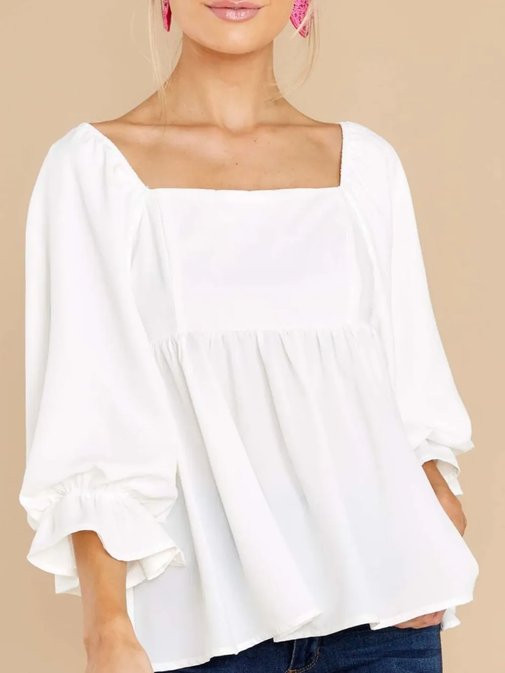 Smocked Square Neck Flounce Sleeve Blouse, image 4