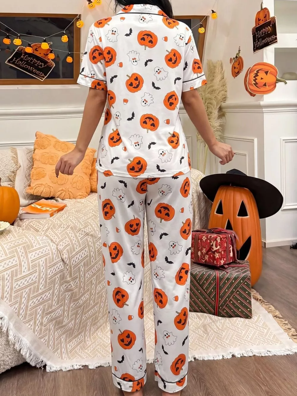 Halloween Pumpkin Print Button-Down Top and Pants Set, image 5