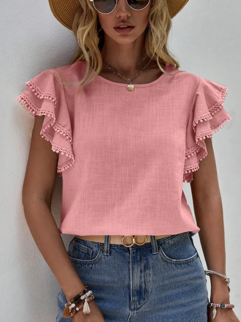 Ruffled Cap Sleeve Round Neck Blouse, image 4