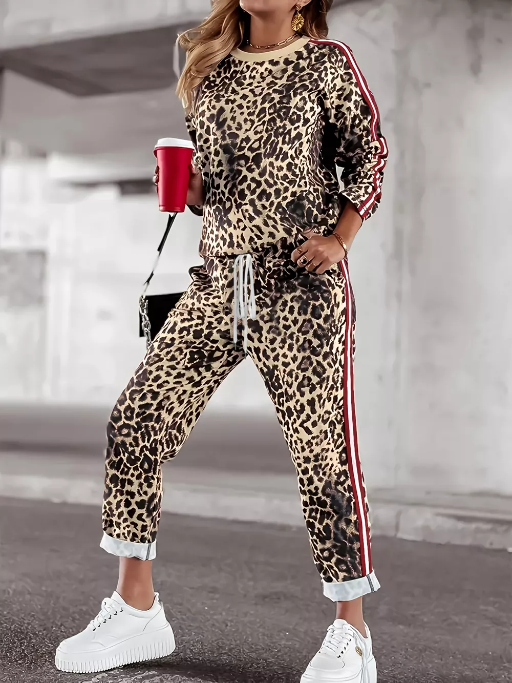 Plus Size Leopard Print Long Sleeve Top and Pants Set, image 4