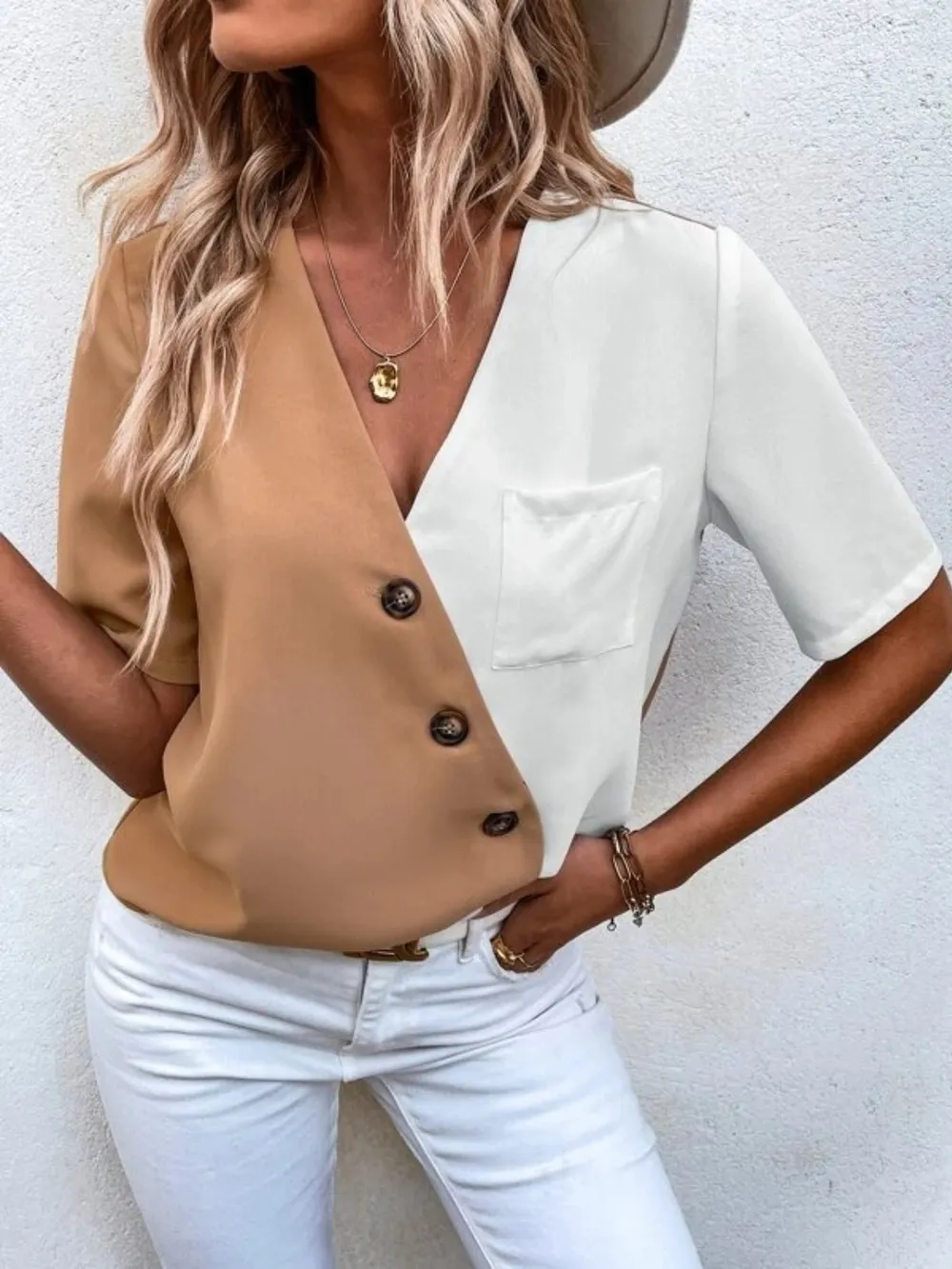 Decorative Button Surplice Short Sleeve Blouse, image 5