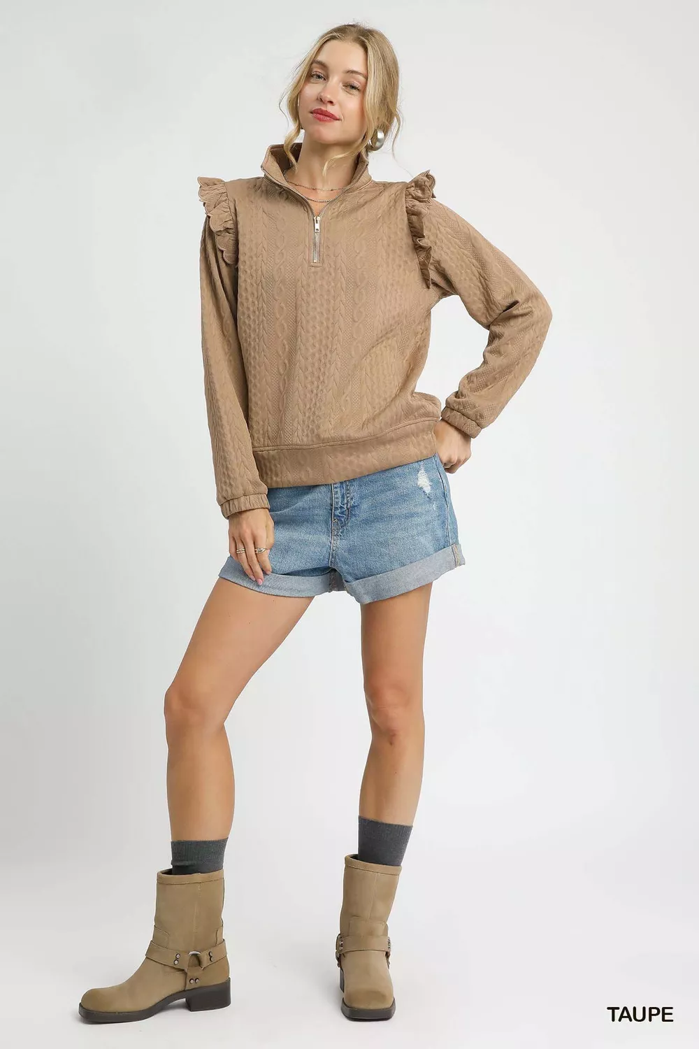 Cable Knit Textured Pullover with Ruffle Shoulders, image 3