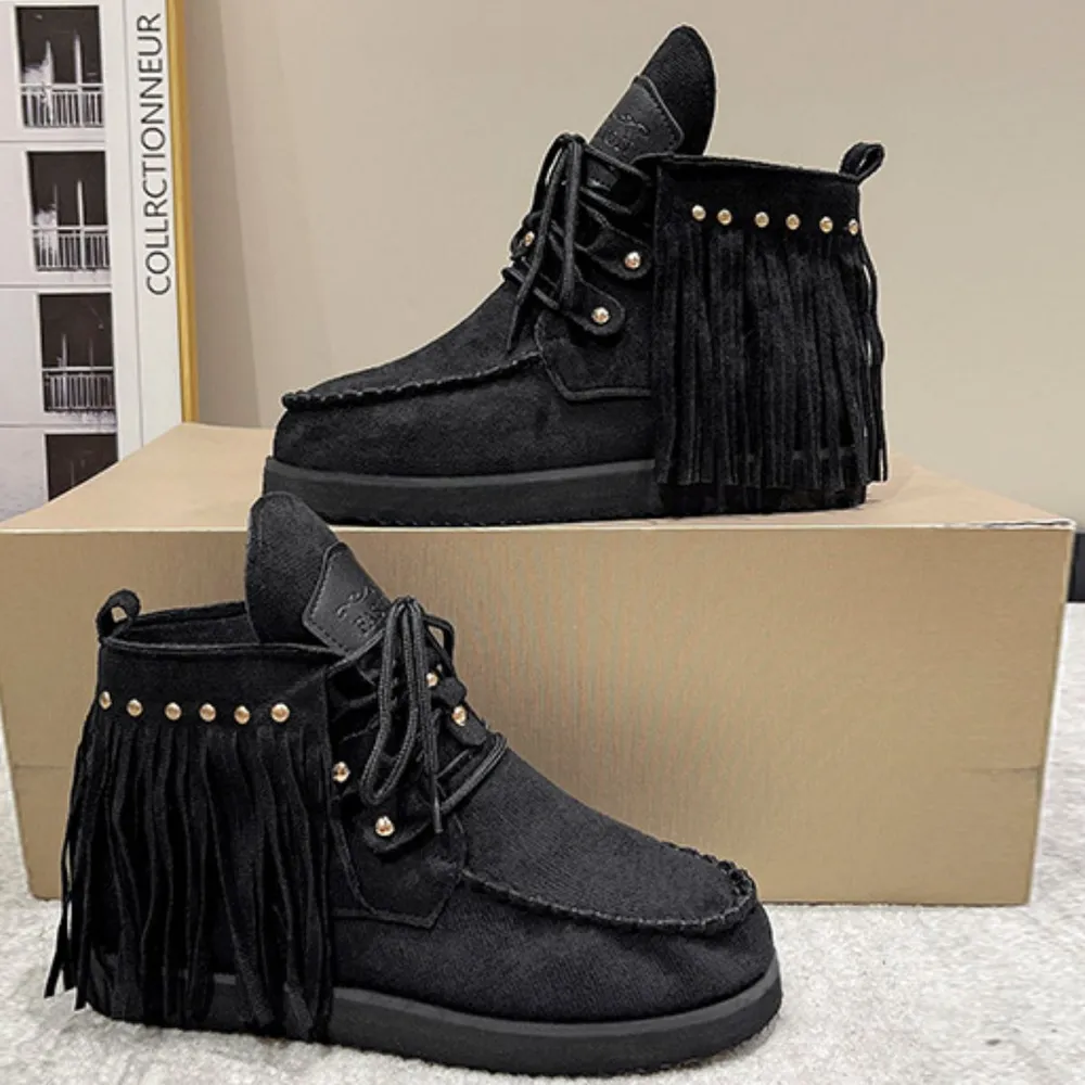 Fringe Studded Round Toe Canvas Boots, image 8