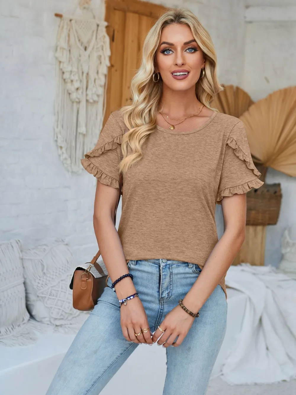 Frill Round Neck Petal Sleeve Blouse, image 16