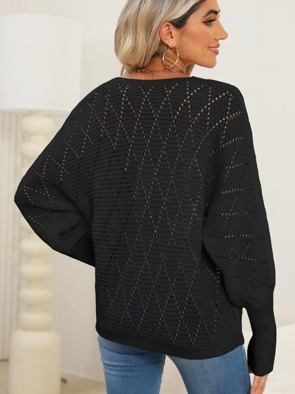 Lace Detail V-Neck Long Sleeve Sweater, image 7