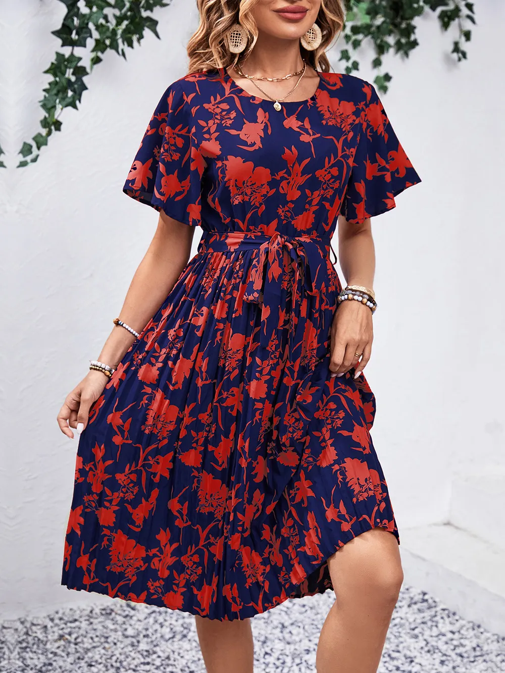Printed Round Neck Short Sleeve Dress, image 2