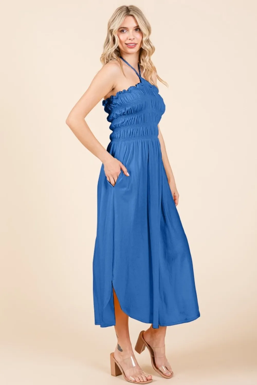 Tie Back Shirring Dress with Pockets, image 2
