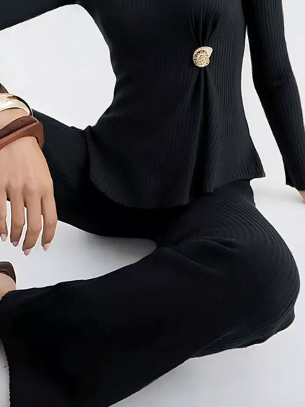 Ribbed Knit Round Neck Top and Pants Sweater Set, image 3