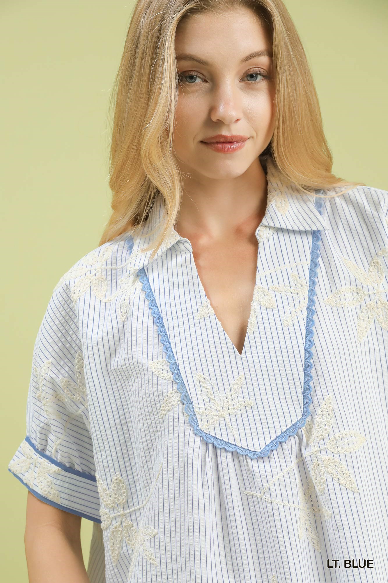 Striped Embroidered Blouse with Scallop Trim, image 4