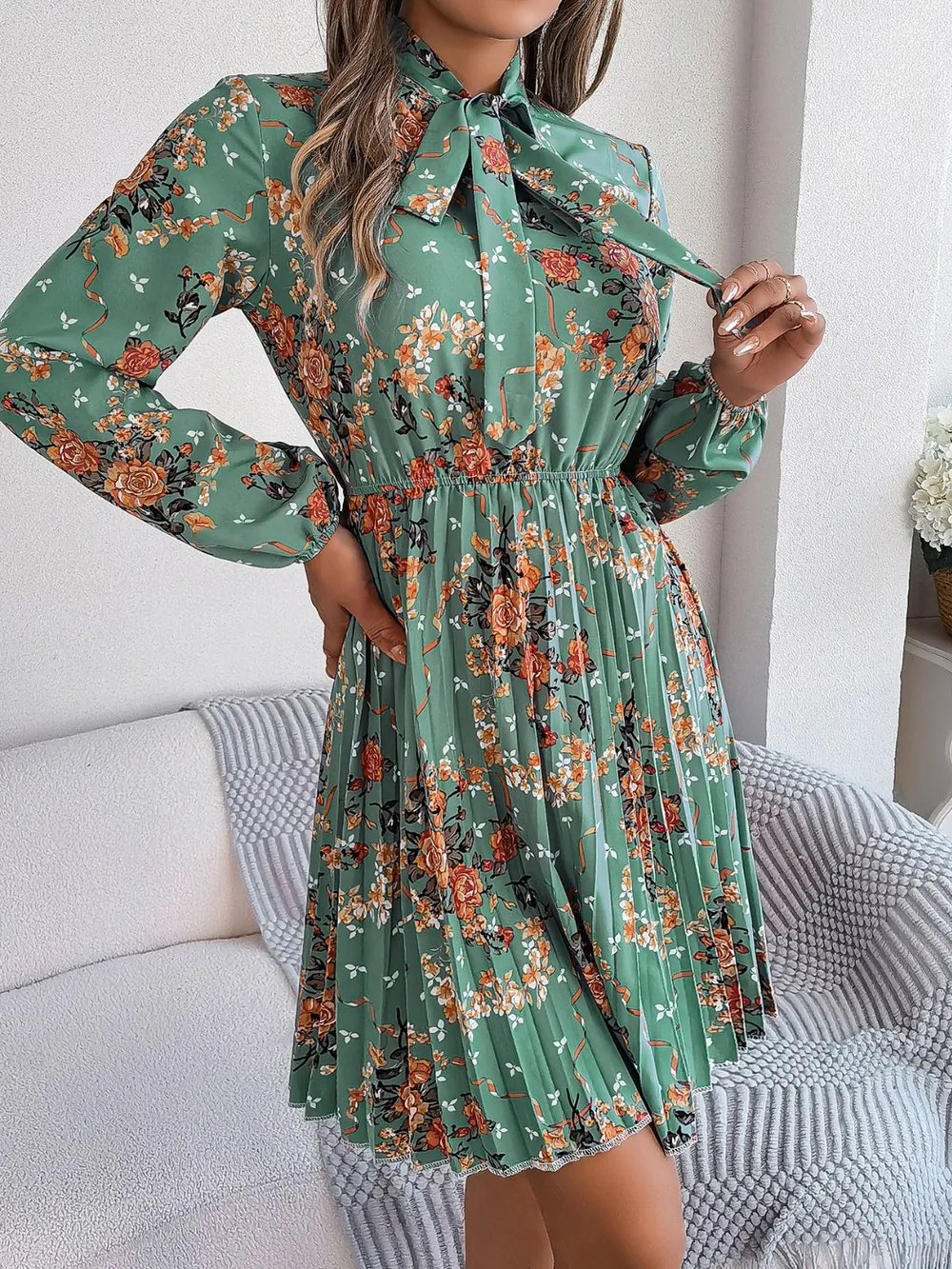 Pleated Printed Tie Neck Long Sleeve Dress, image 11